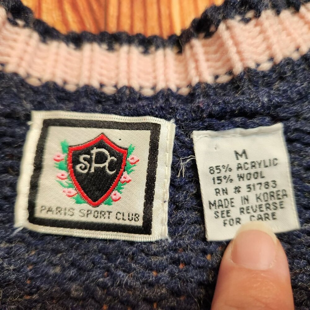 VTG 90s M Paris Sports Club Checker Navy Blue/Pink Preppy Cardigan Sweater - Picture 4 of 6